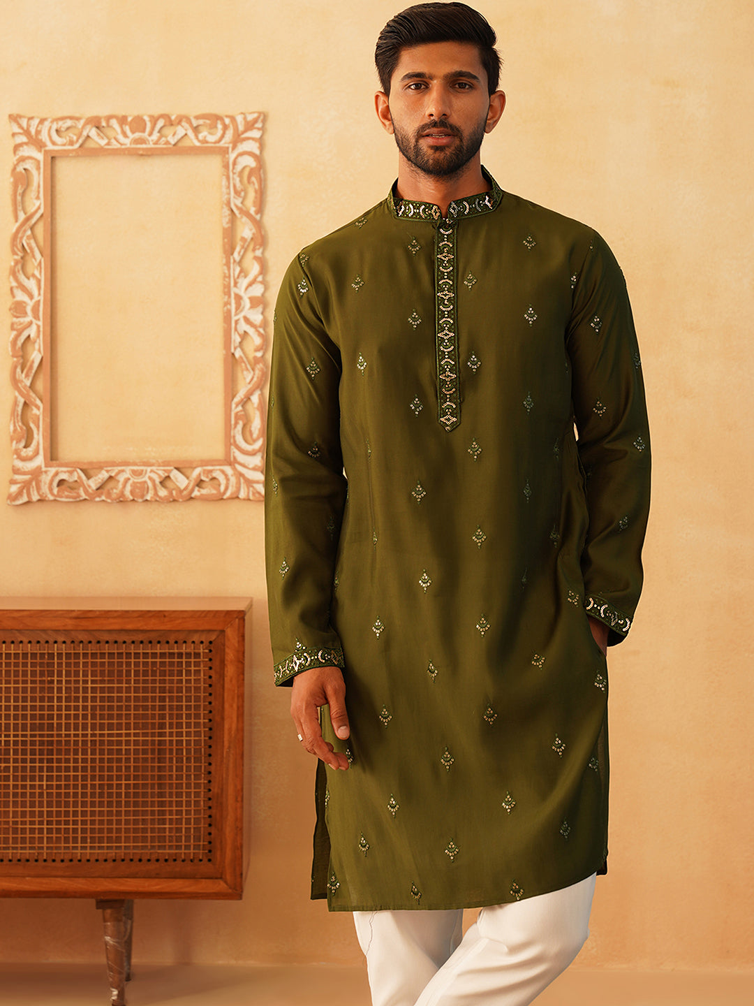 Embroidered Kurta with Dupatta Set for Men ( KOD 5088 olive )