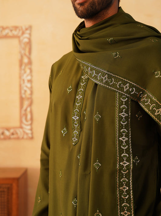 Embroidered Kurta with Dupatta Set for Men ( KOD 5088 olive )