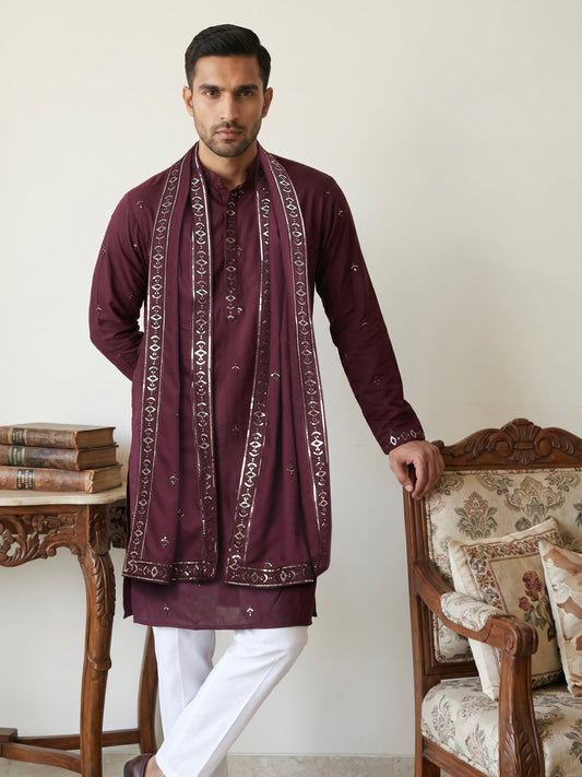 Silk Blend Embroidered Kurta Pyjama with Dupatta ( JOKP P D 5088Purple )