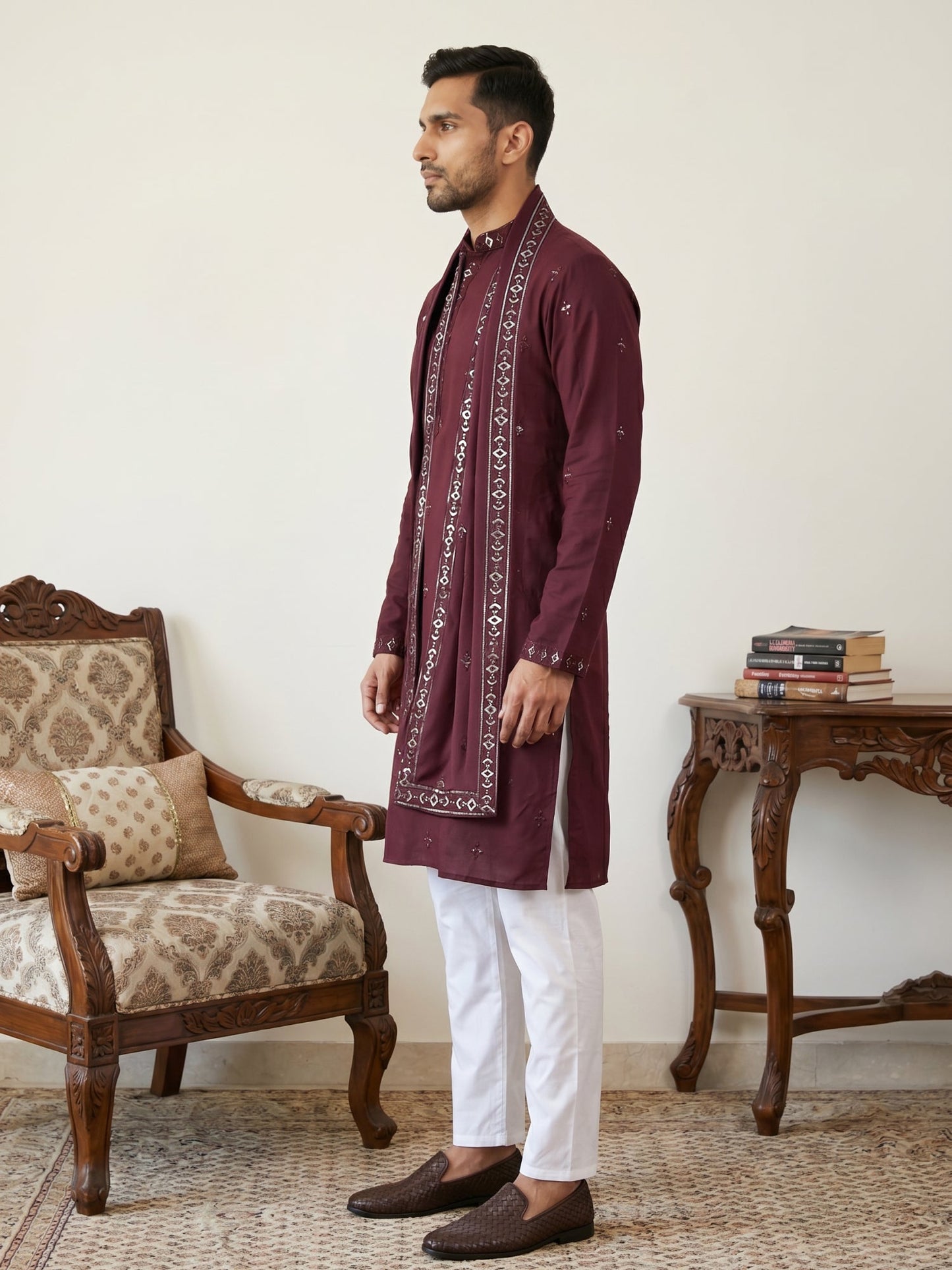 Silk Blend Embroidered Kurta Pyjama with Dupatta ( JOKP P D 5088Purple )