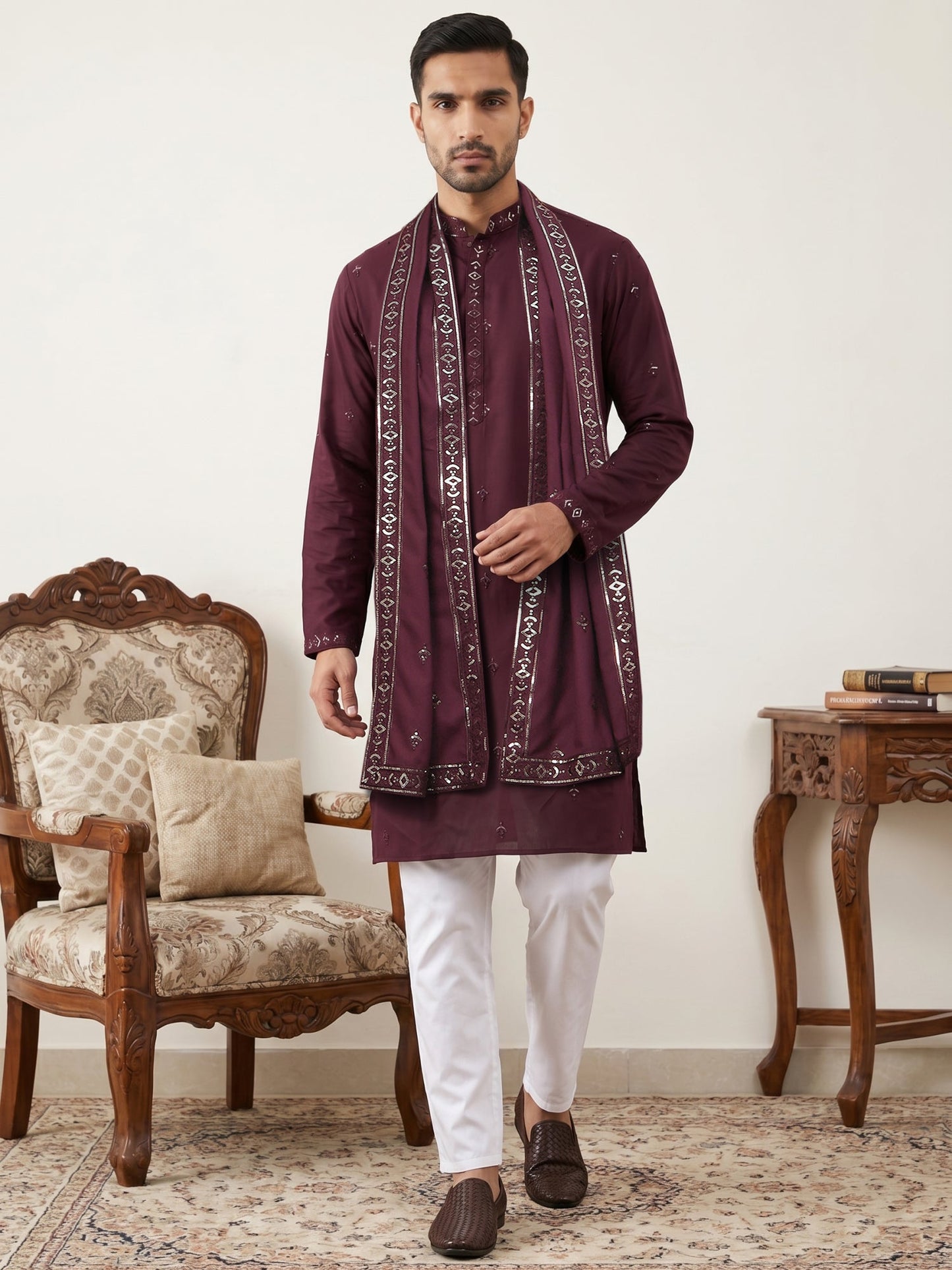 Silk Blend Embroidered Kurta Pyjama with Dupatta ( JOKP P D 5088Purple )