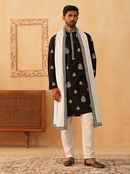Embroidered & Sequin Kurta Pyjama With Dupatta ( JOKP D 5091Black )