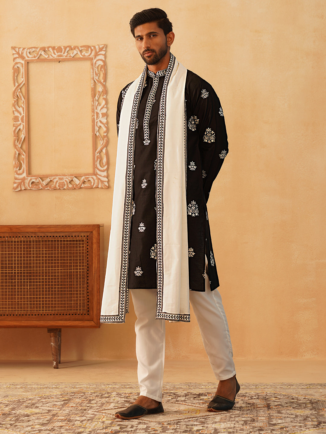 Embroidered & Sequin Kurta Pyjama With Dupatta ( JOKP D 5091Black )