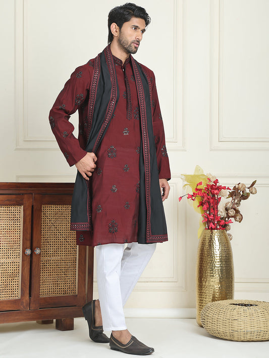 Embroidered & Sequin Kurta Pyjama With Dupatta ( JOKP P D 5091 Maroon ) [FF] [M16-18 & N16-18]