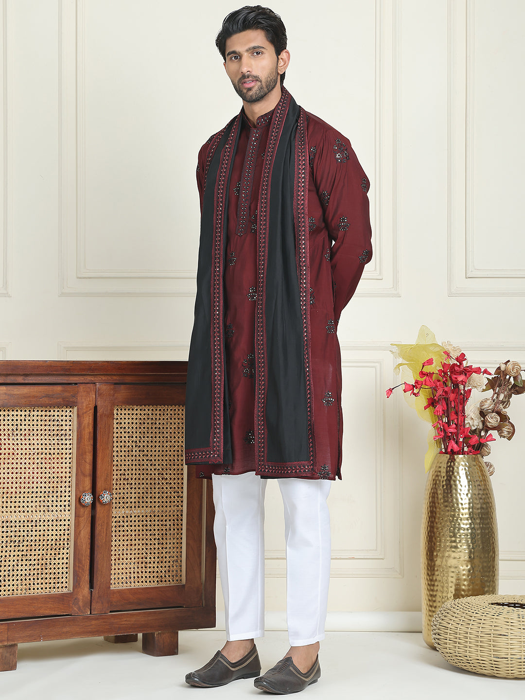 Embroidered & Sequin Kurta Pyjama With Dupatta ( JOKP P D 5091 Maroon ) [FF] [M16-18 & N16-18]