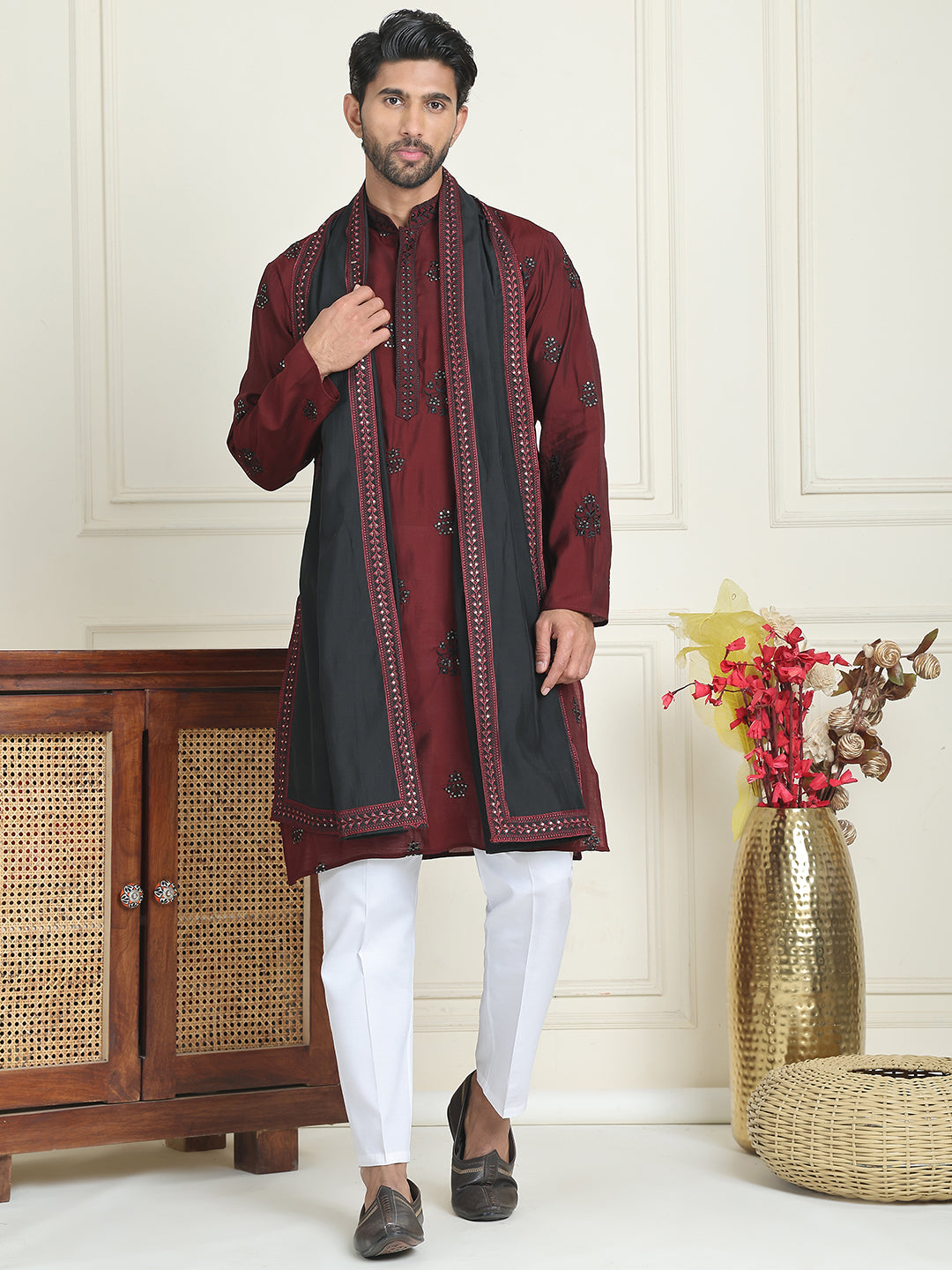 Embroidered & Sequin Kurta Pyjama With Dupatta ( JOKP P D 5091 Maroon ) [FF] [M16-18 & N16-18]