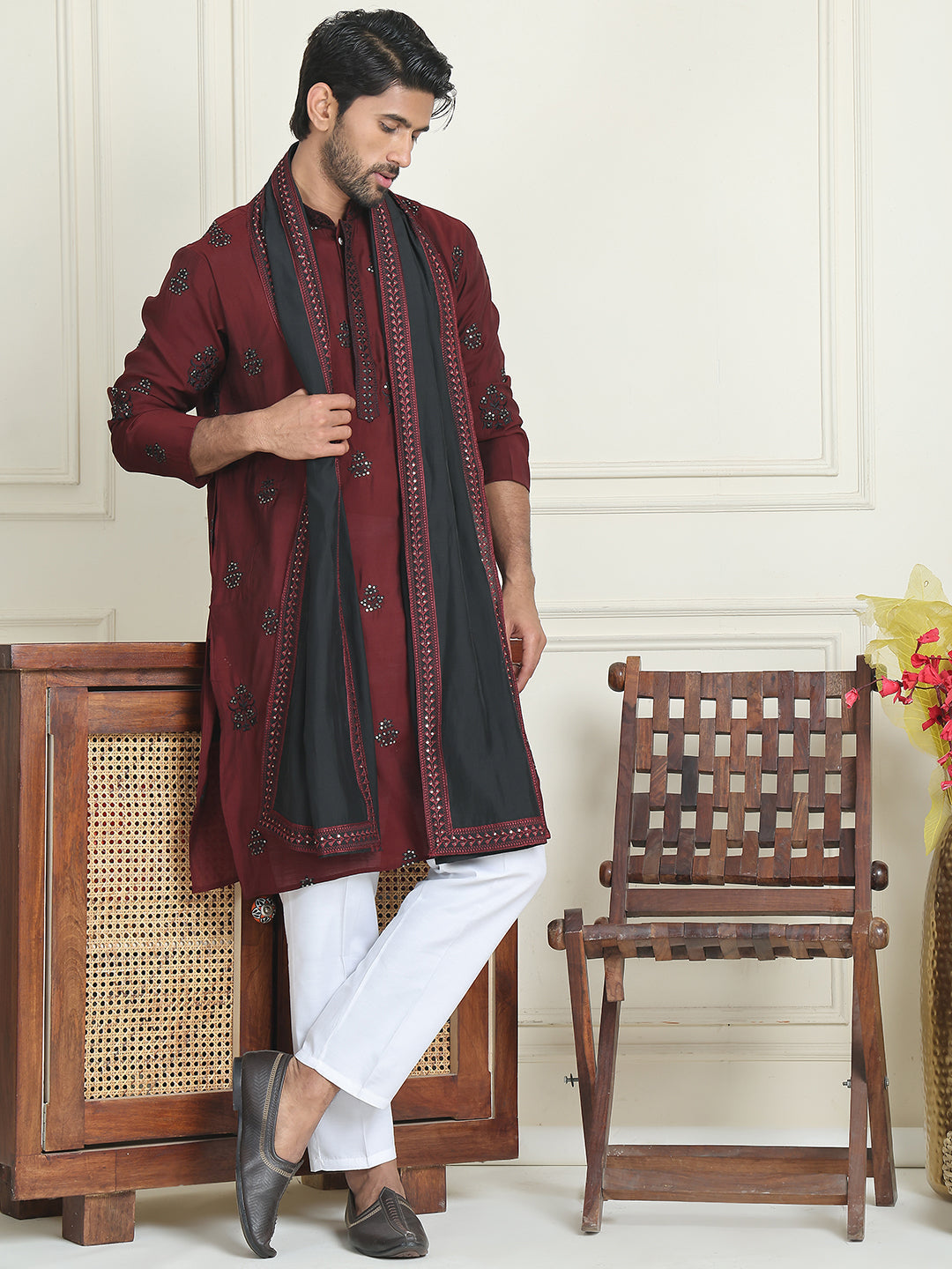 Embroidered & Sequin Kurta Pyjama With Dupatta ( JOKP P D 5091 Maroon ) [FF] [M16-18 & N16-18]