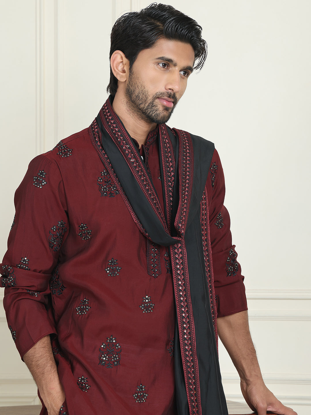 Embroidered & Sequin Kurta Pyjama With Dupatta ( JOKP P D 5091 Maroon ) [FF] [M16-18 & N16-18]