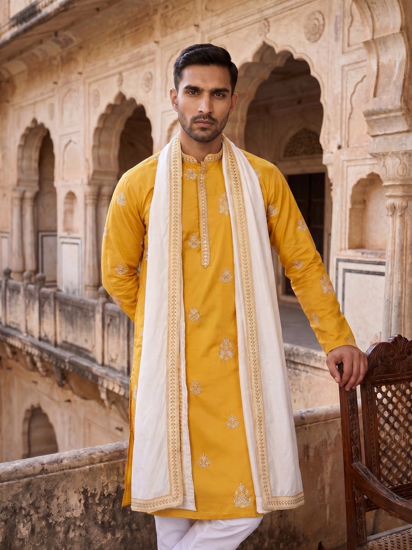 Embroidered & Sequin Kurta Pyjama With Dupatta ( JOKP P D 5091Mustard )