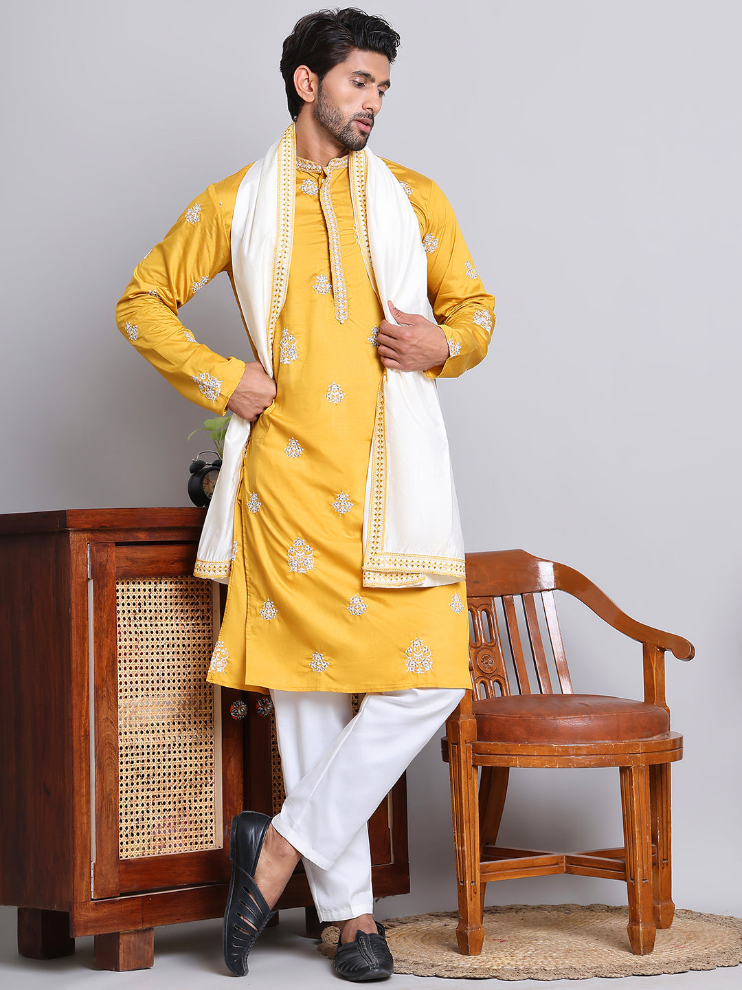Embroidered & Sequin Kurta With Dupatta ( KOD 5091 mustard )