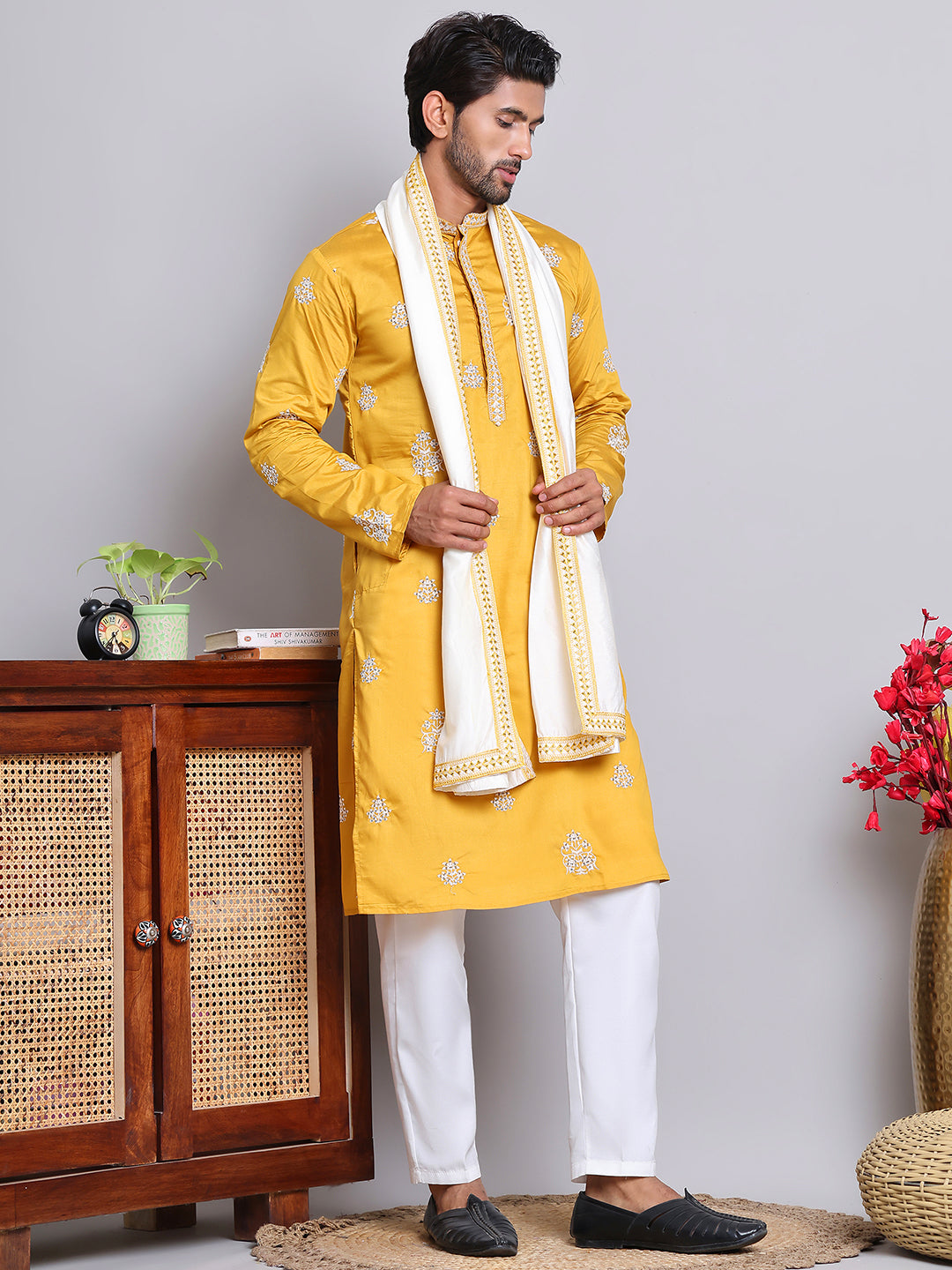 Embroidered & Sequin Kurta Pyjama With Dupatta ( JOKP D 5091Mustard )