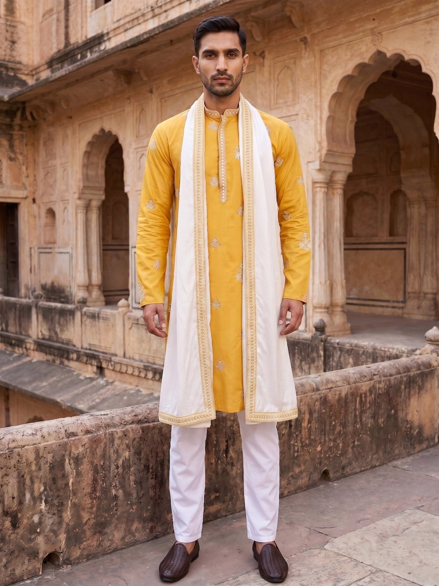 Embroidered & Sequin Kurta Pyjama With Dupatta ( JOKP P D 5091Mustard )