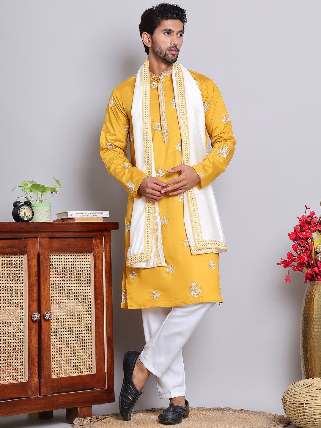 Embroidered & Sequin Kurta Pyjama With Dupatta ( JOKP D 5091Mustard )