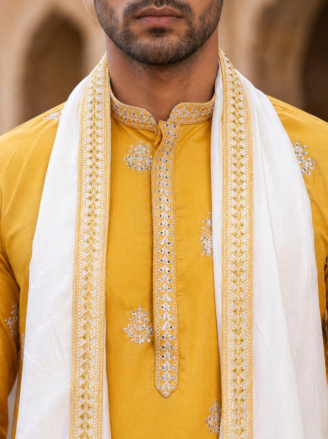 Embroidered & Sequin Kurta Pyjama With Dupatta ( JOKP P D 5091Mustard )