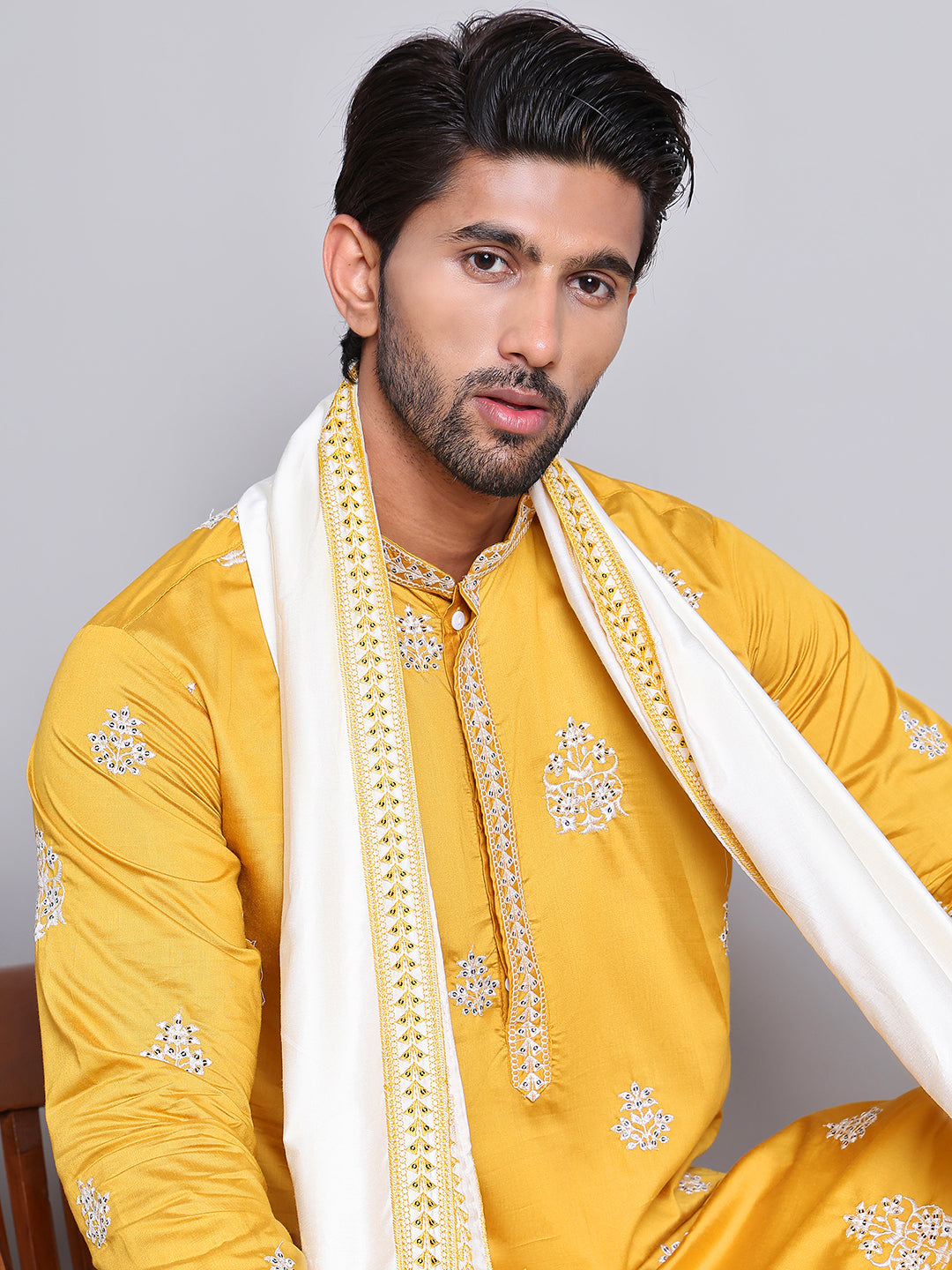 Embroidered & Sequin Kurta With Dupatta ( KOD 5091 mustard )
