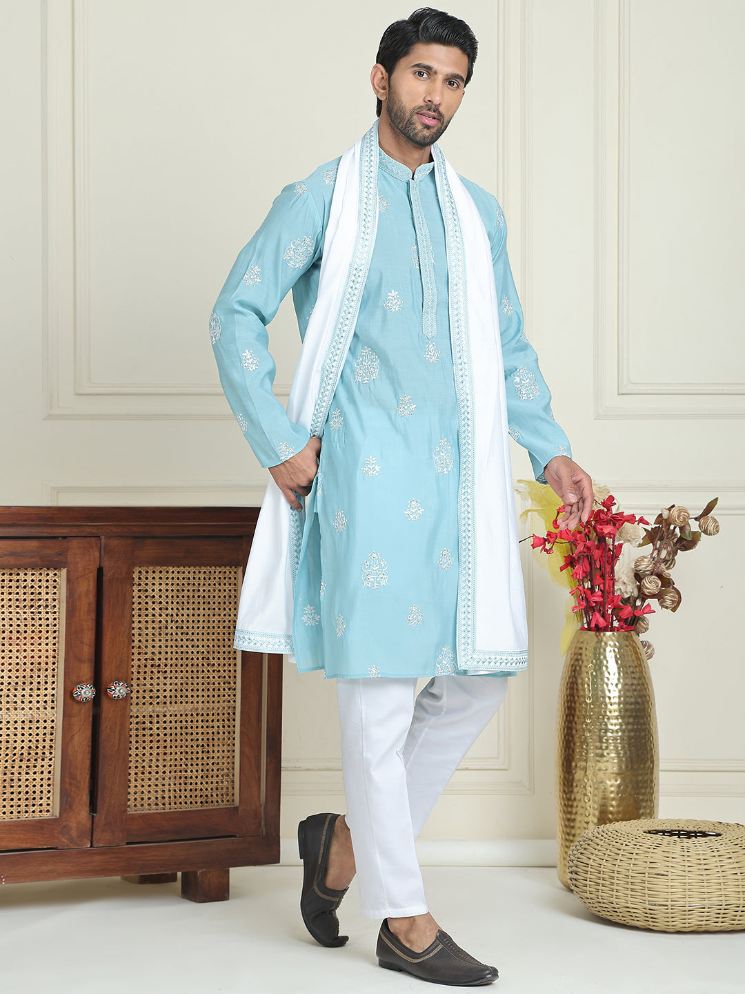 Embroidered & Sequin Kurta Pyjama With Dupatta ( JOKP P D 5091 Sky )