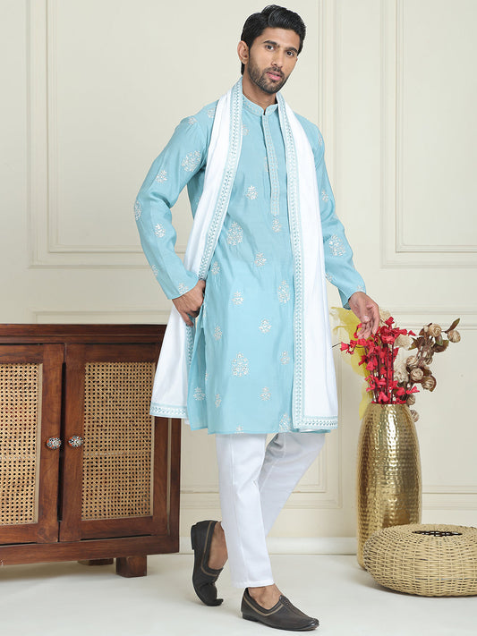 Embroidered & Sequin Kurta Pyjama With Dupatta ( JOKP P D 5091 Sky )