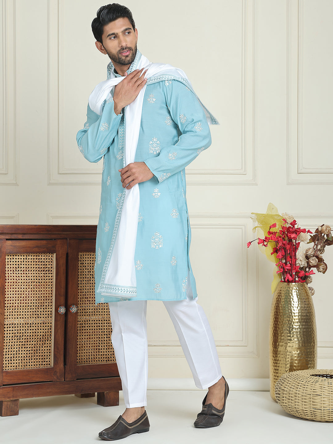 Embroidered & Sequin Kurta With Dupatta ( KOD 5091 sky )