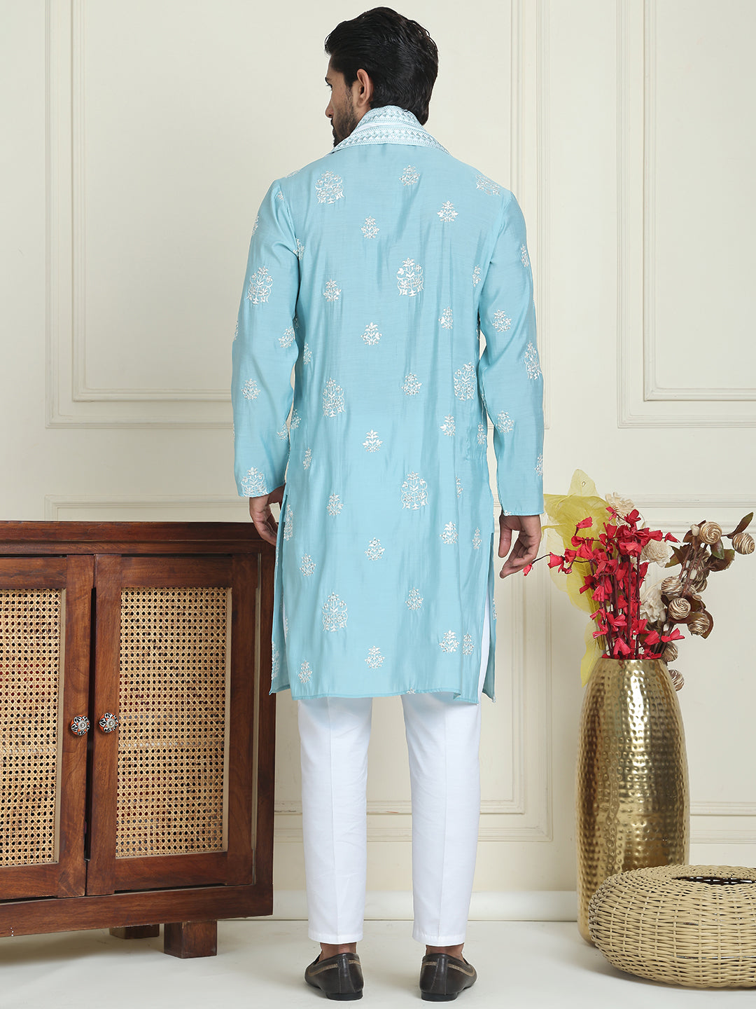 Embroidered & Sequin Kurta With Dupatta ( KOD 5091 sky )