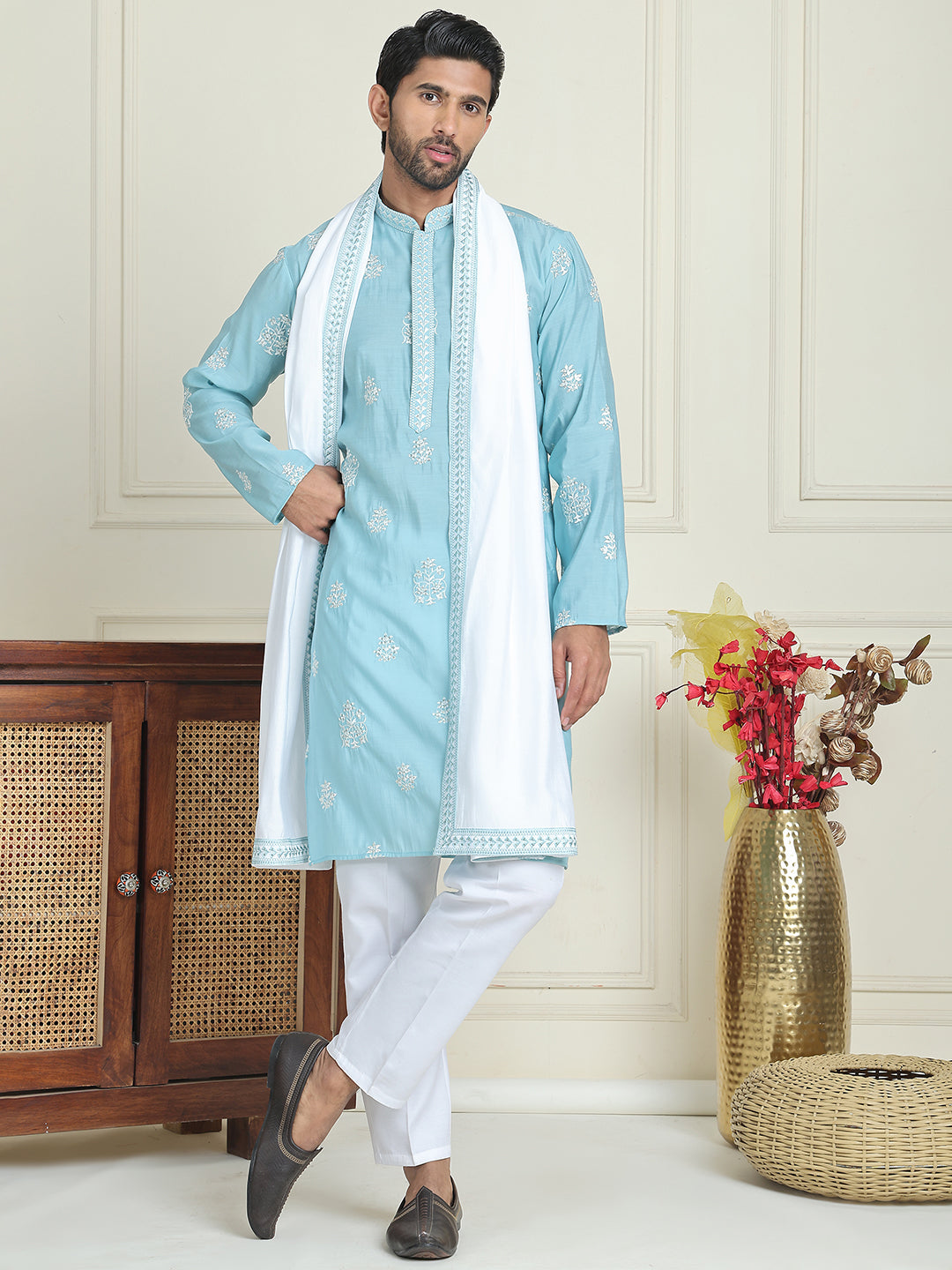 Embroidered & Sequin Kurta With Dupatta ( KOD 5091 sky )