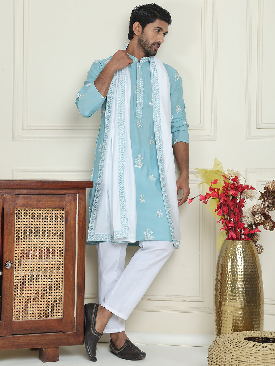 Embroidered & Sequin Kurta With Dupatta ( KOD 5091 sky )