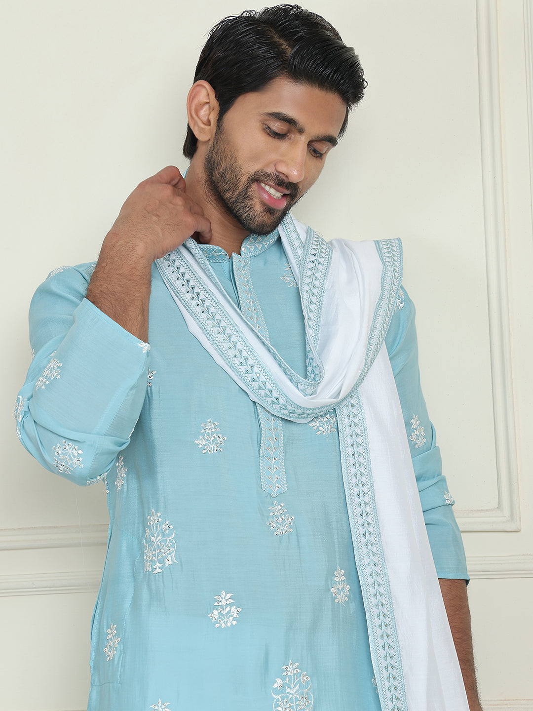 Embroidered & Sequin Kurta Pyjama With Dupatta ( JOKP P D 5091 Sky )