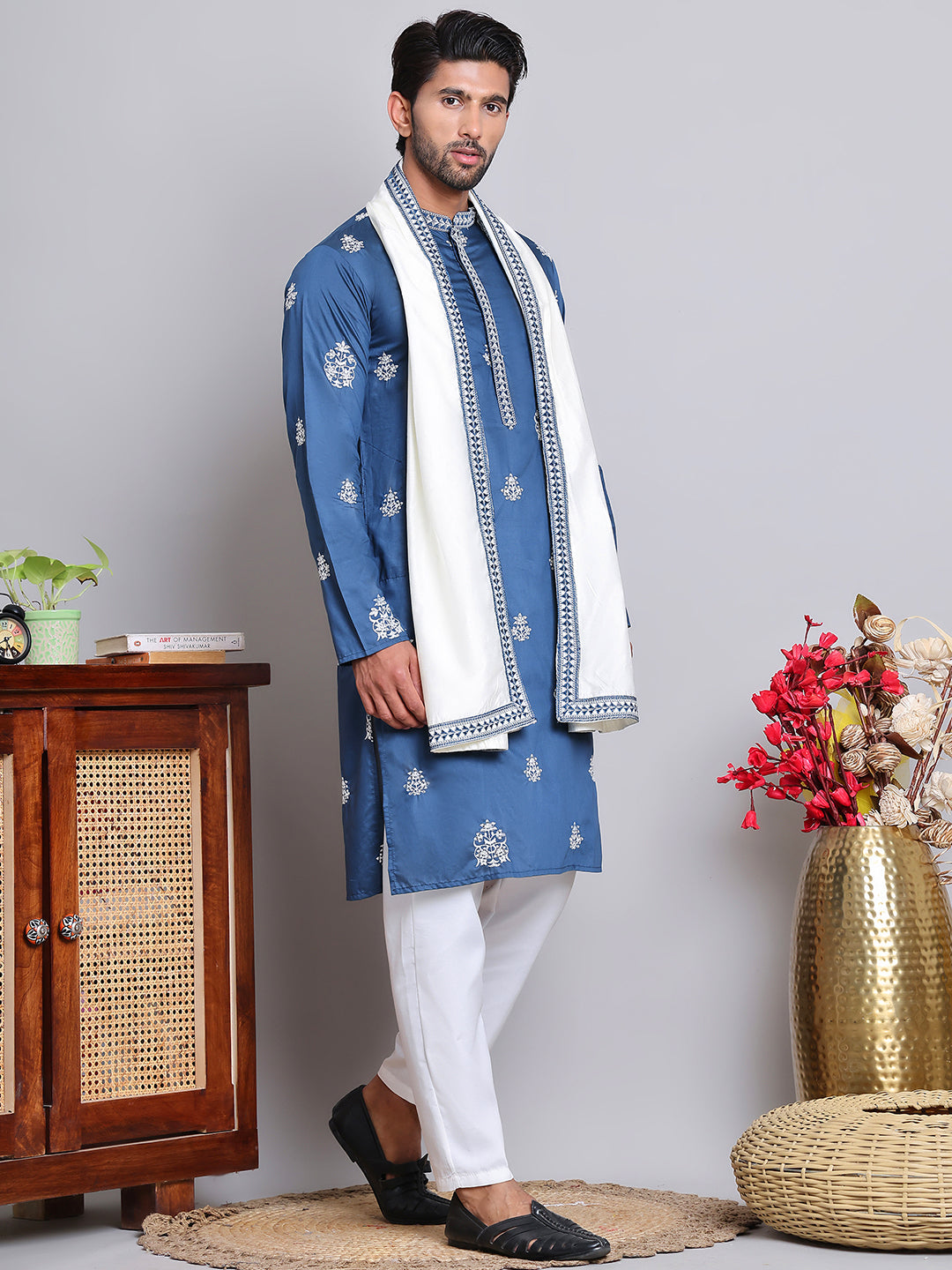Embroidered & Sequin Kurta Pyjama With Dupatta ( JOKP D 5091Teal ) [FF] [M16-18 & N16-18]