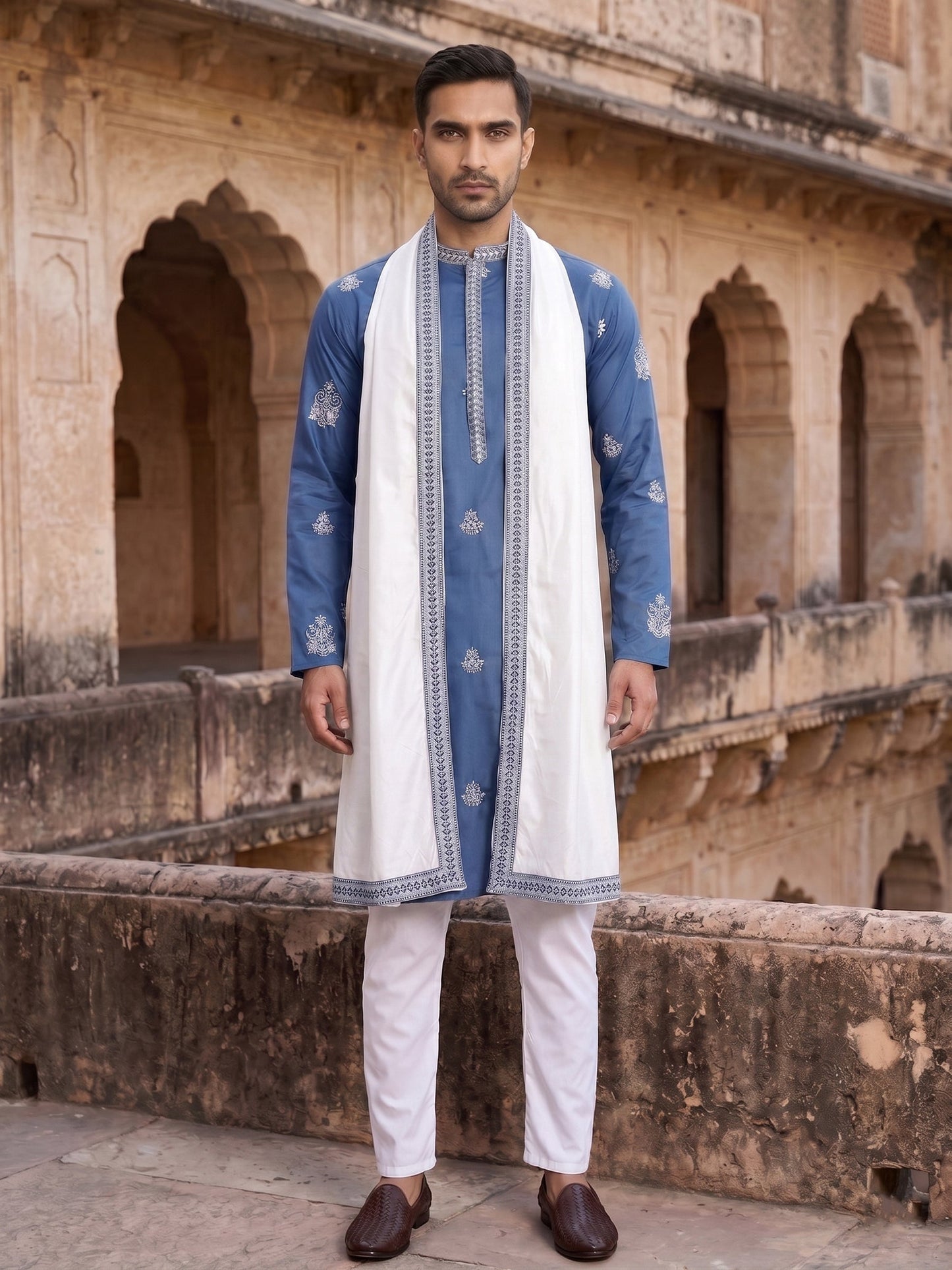 Embroidered & Sequin Kurta Pyjama With Dupatta ( JOKP P D 5091Teal )