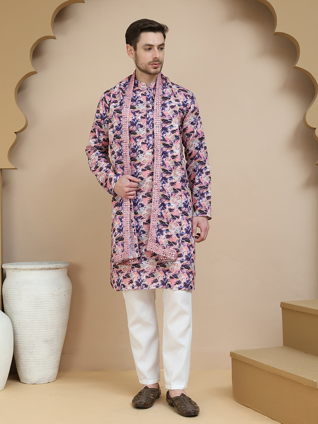 Abstract Printed Kurta Pyjama with Matching Dupatta ( JOKP D 5243 Purple )