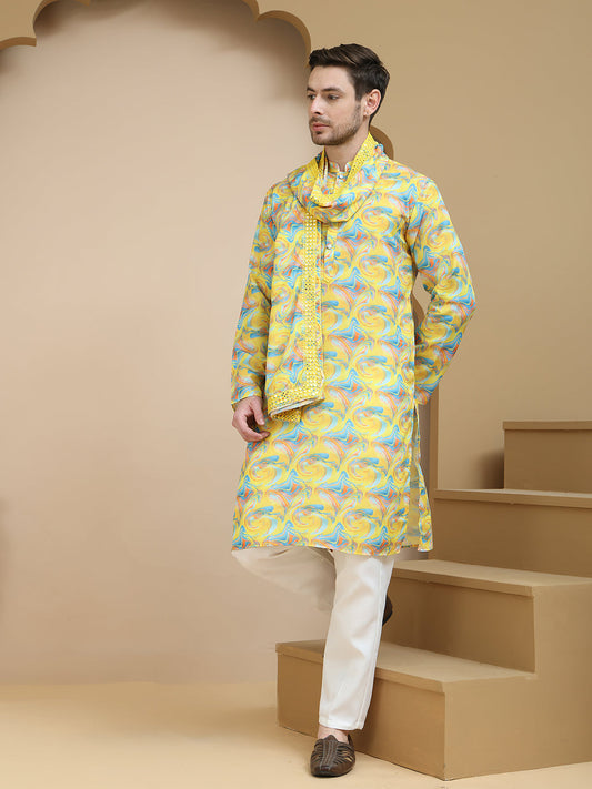 Abstract Printed Kurta Pyjama with Matching Dupatta ( JOKP D 5243 Yellow )
