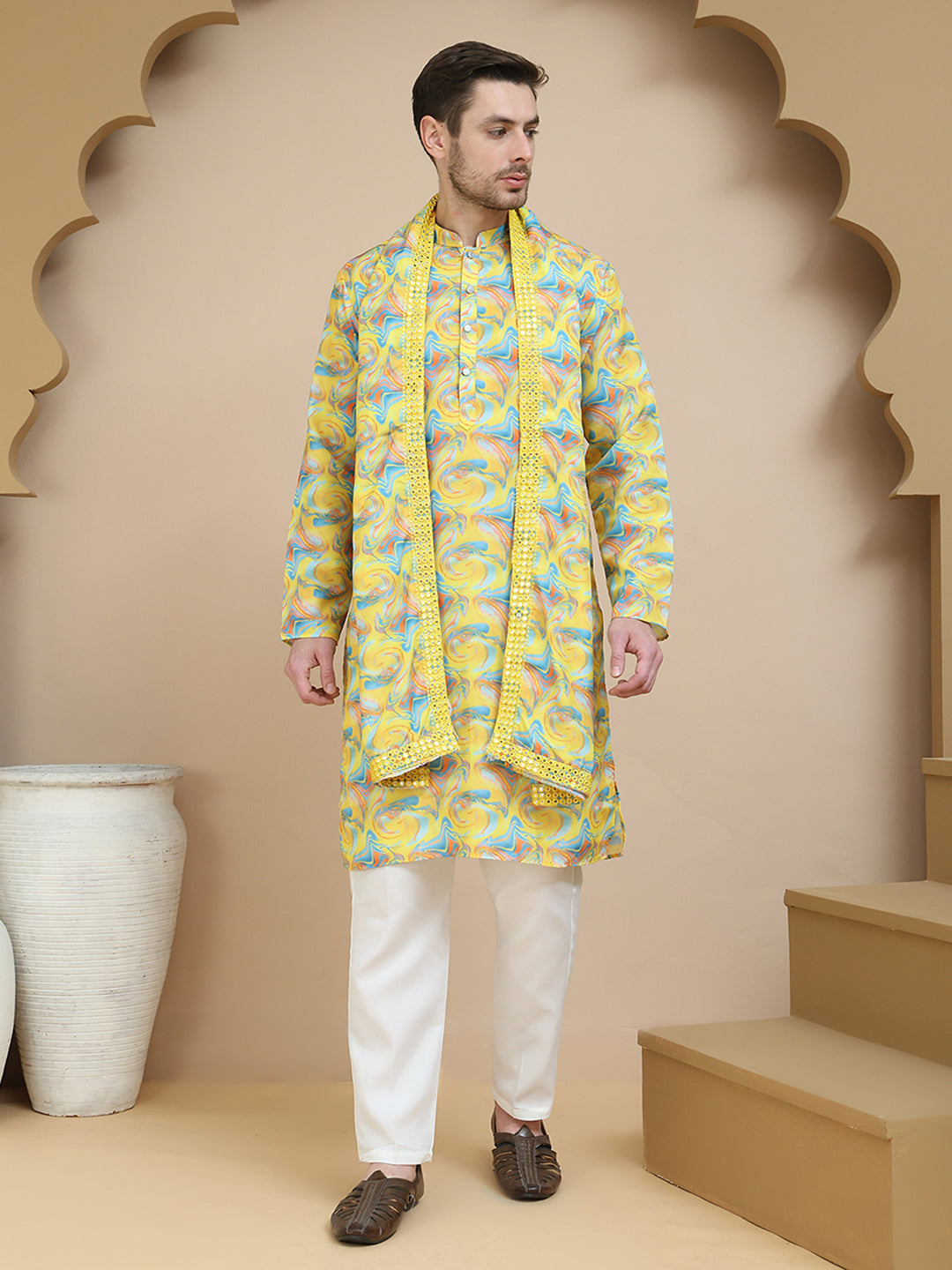 Abstract Printed Kurta Pyjama with Matching Dupatta ( JOKP D 5243 Yellow )