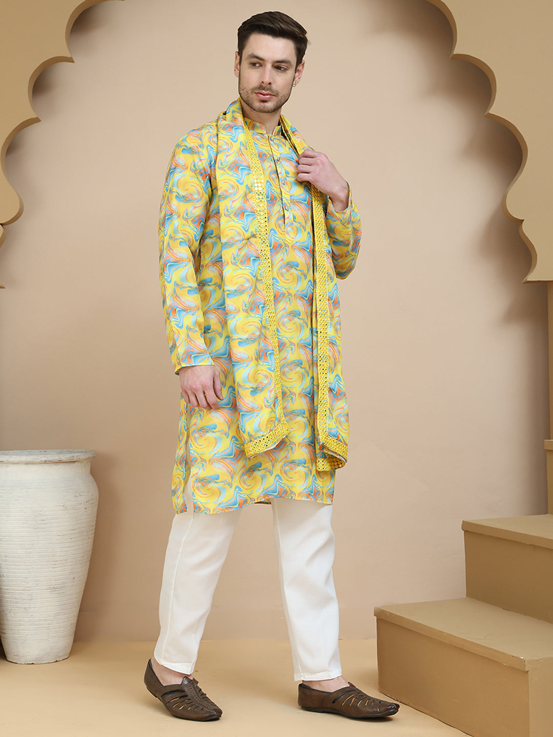 Abstract Printed Kurta Pyjama with Matching Dupatta ( JOKP D 5243 Yellow )