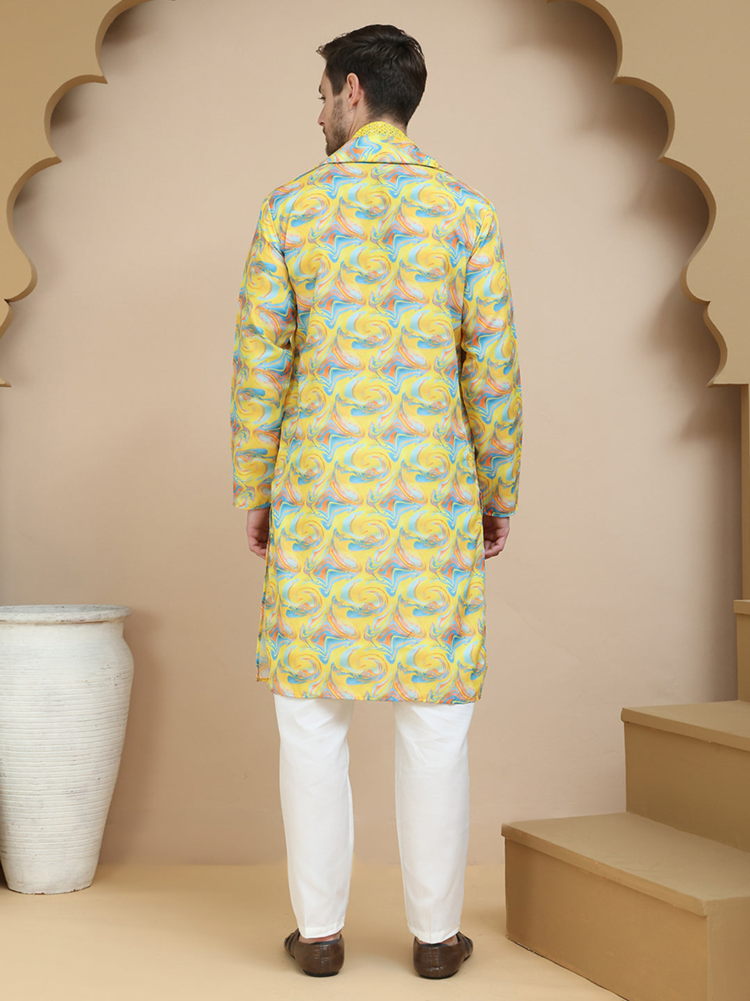 Abstract Printed Kurta Pyjama with Matching Dupatta ( JOKP D 5243 Yellow )