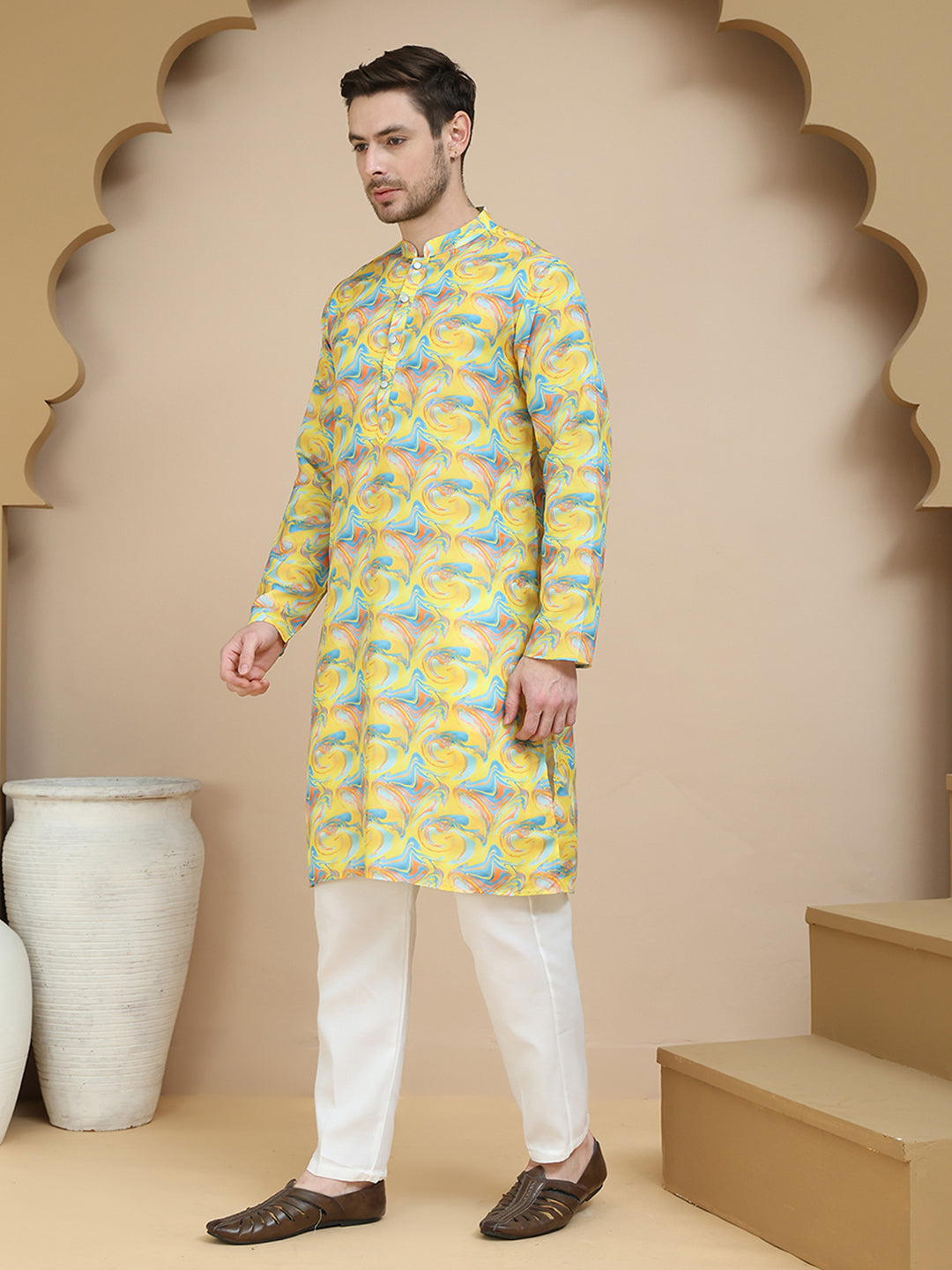 Abstract Printed Kurta Pyjama with Matching Dupatta ( JOKP D 5243 Yellow )