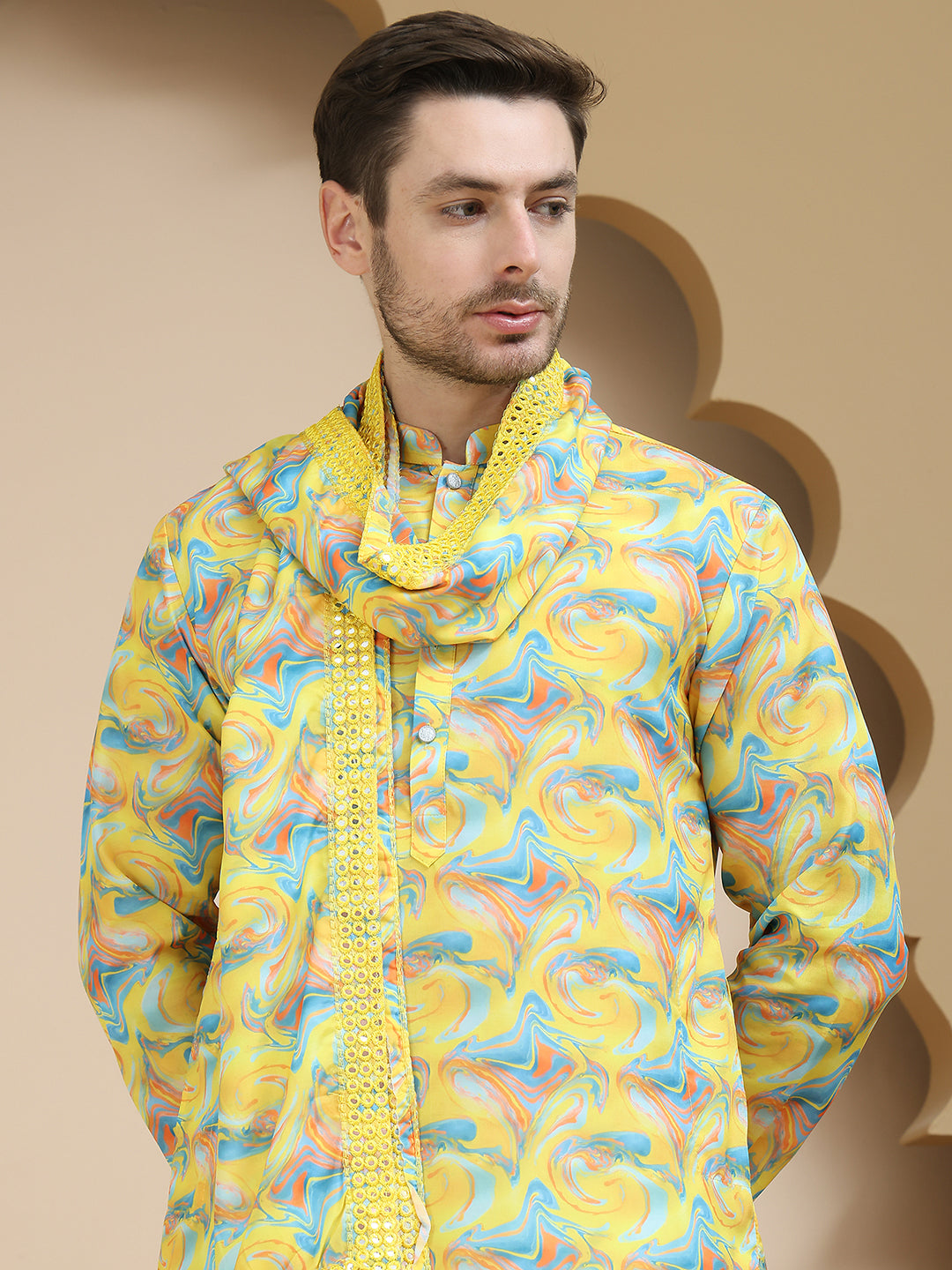 Abstract Printed Kurta Pyjama with Matching Dupatta ( JOKP D 5243 Yellow )