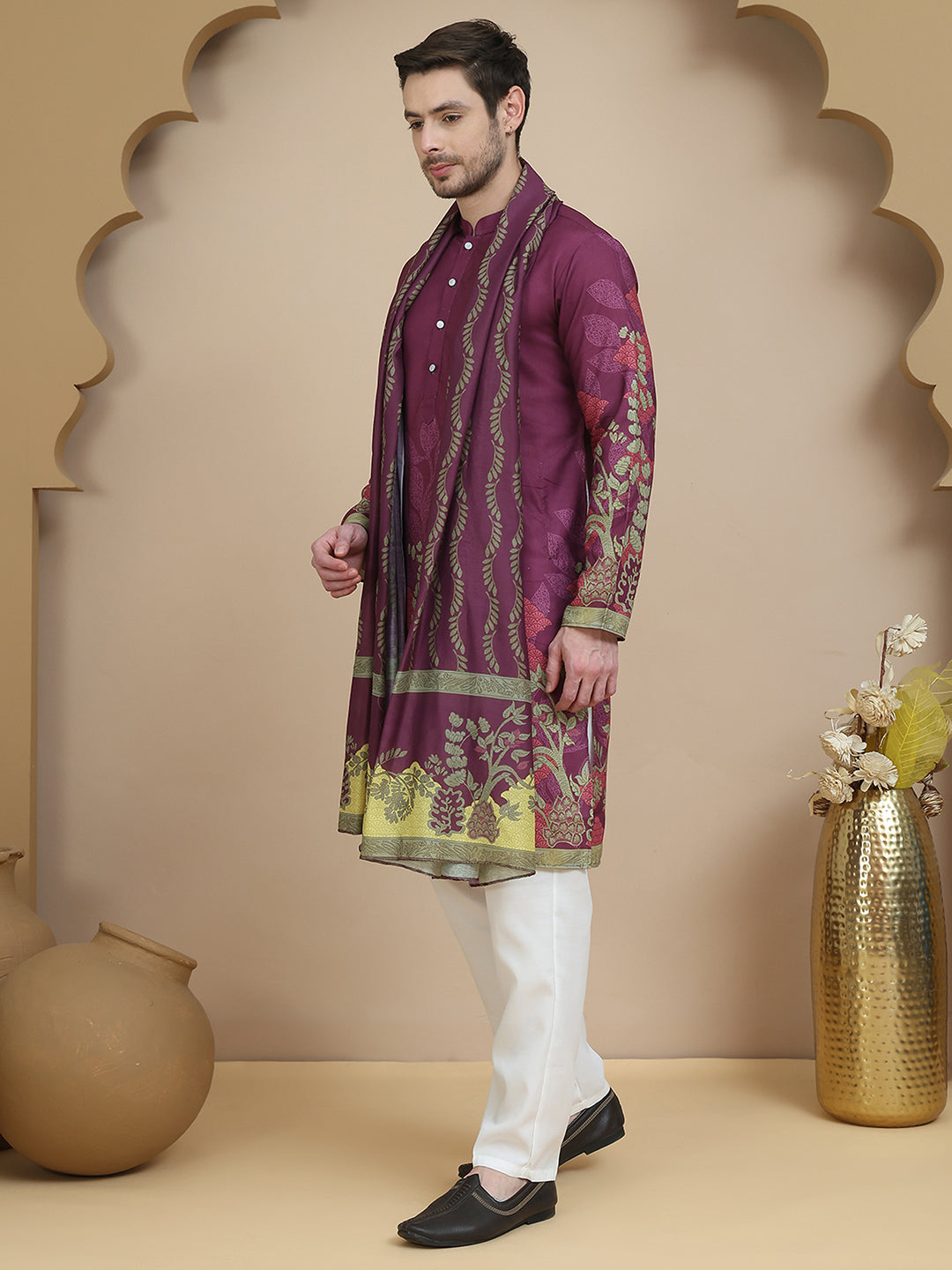 Floral Printed Purple Cotton Blend Kurta Set with Dupatta ( JOKP D 5252 Purple )