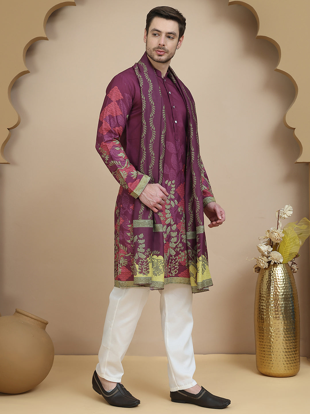 Floral Printed Purple Cotton Blend Kurta Set with Dupatta ( JOKP D 5252 Purple )