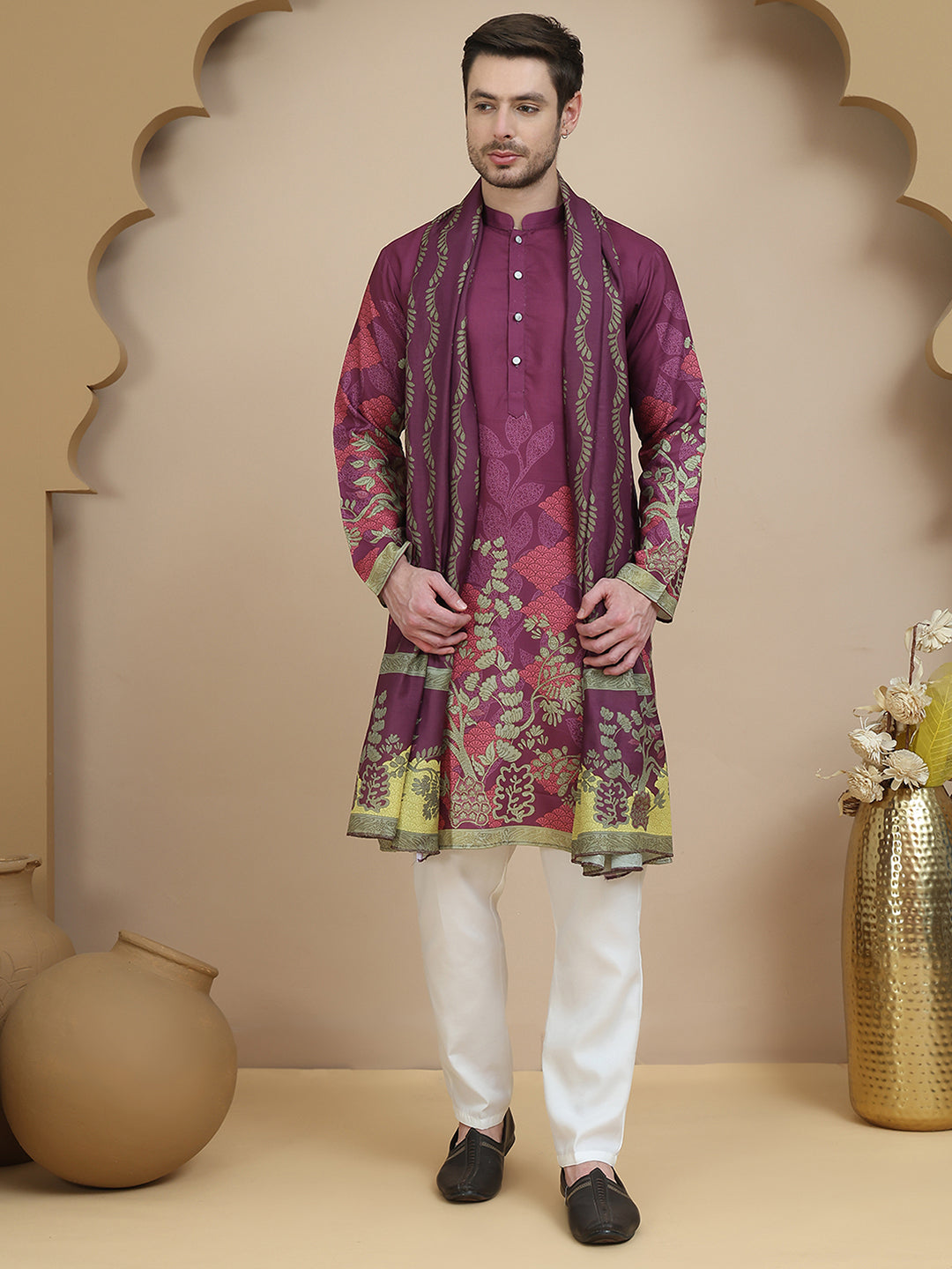 Floral Printed Purple Cotton Blend Kurta Set with Dupatta ( JOKP D 5252 Purple )