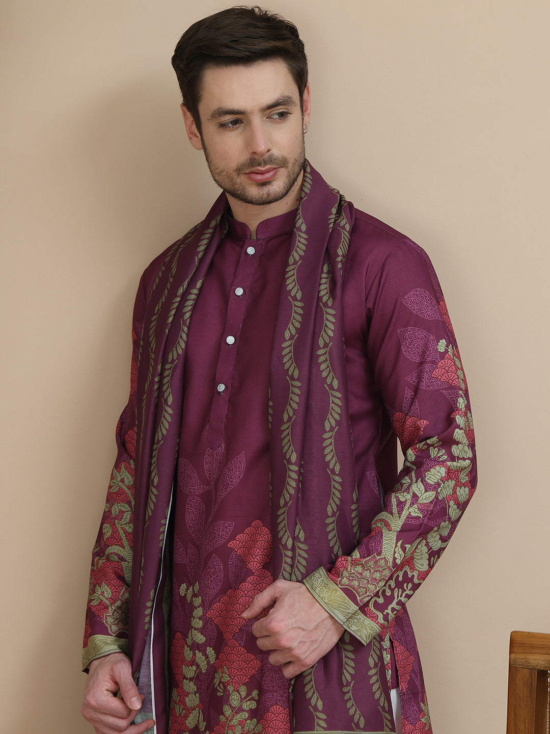 Floral Printed Purple Cotton Blend Kurta Set with Dupatta ( JOKP D 5252 Purple )