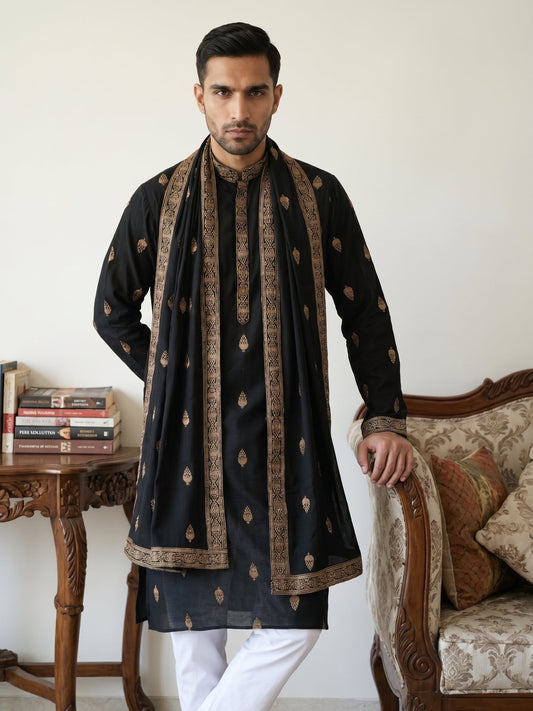 Silk Blend Embroidered Kurta Pyjama Set ( JOKP D 5319Black )