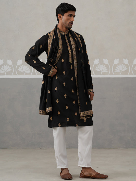 Silk Blend Embroidered Kurta Pyjama Set (JOKP P D 5319 Black ) [FF] [B-3-4]