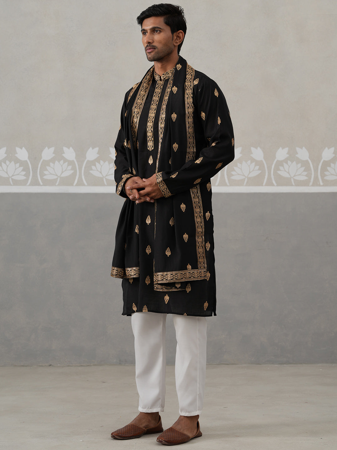 Silk Blend Embroidered Kurta Pyjama Set (JOKP P D 5319 Black ) [FF] [B-3-4]