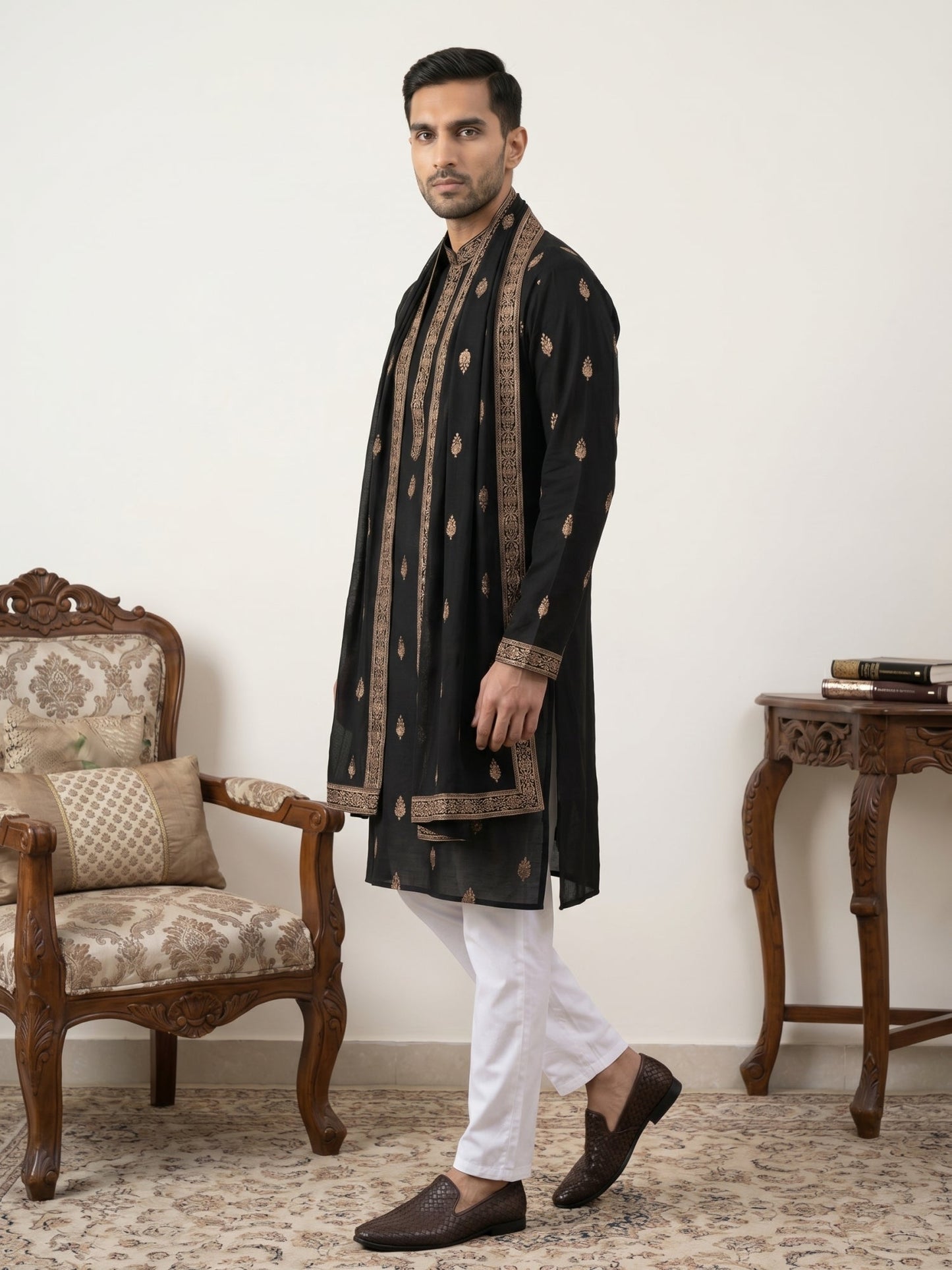 Silk Blend Embroidered Kurta Pyjama Set ( JOKP D 5319Black )