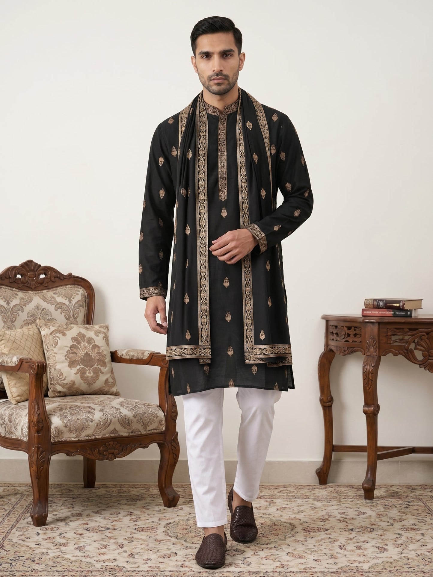 Silk Blend Embroidered Kurta Pyjama Set ( JOKP D 5319Black )