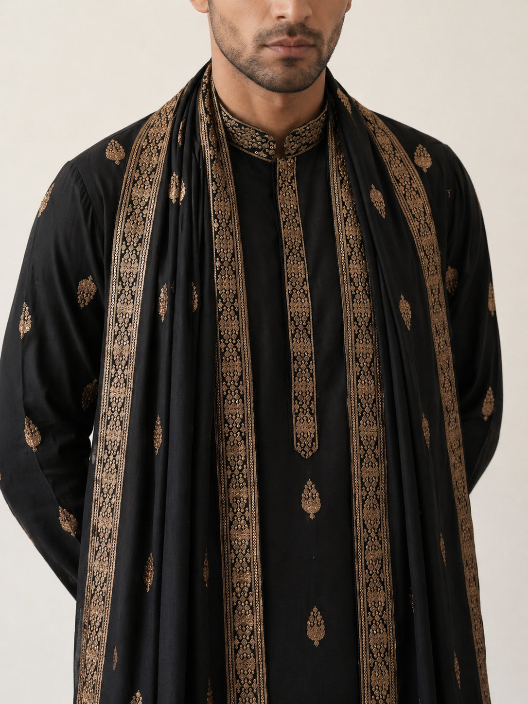Silk Blend Embroidered Kurta Pyjama Set ( JOKP D 5319Black )