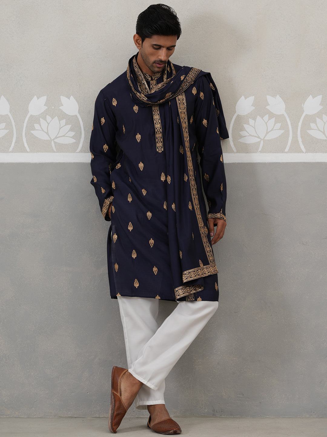 Silk Blend Embroidered Kurta Pyjama Set ( JOKP P D 5319 P D 5319Navy ) [FF] [B-3-4]