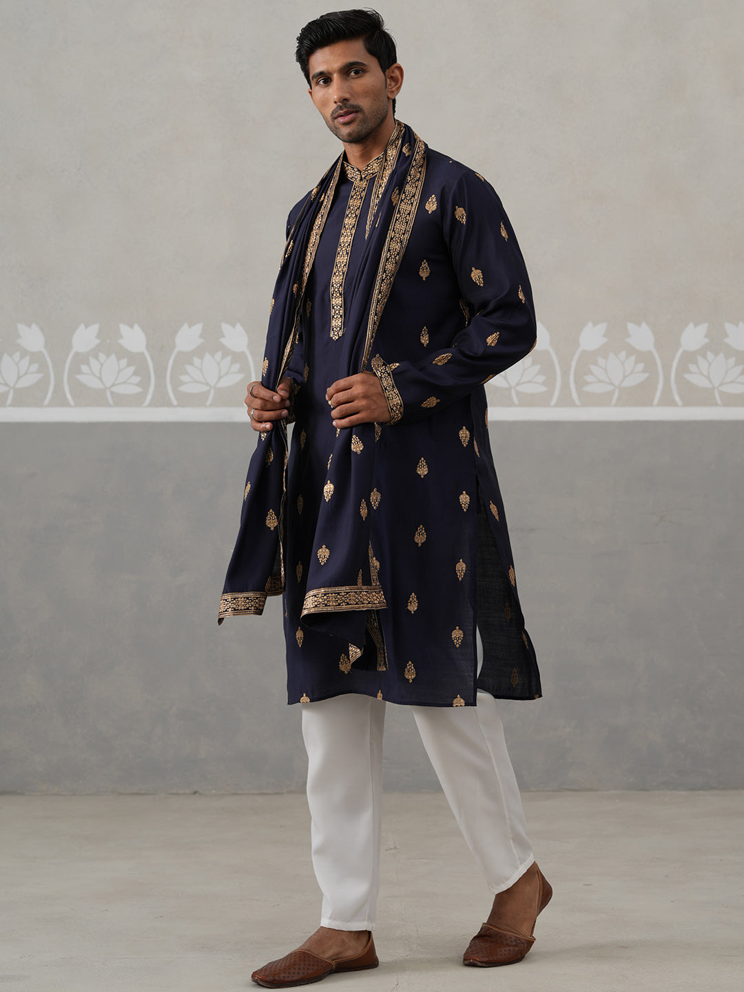 Silk Blend Embroidered Kurta Pyjama Set ( JOKP P D 5319 P D 5319Navy ) [FF] [B-3-4]