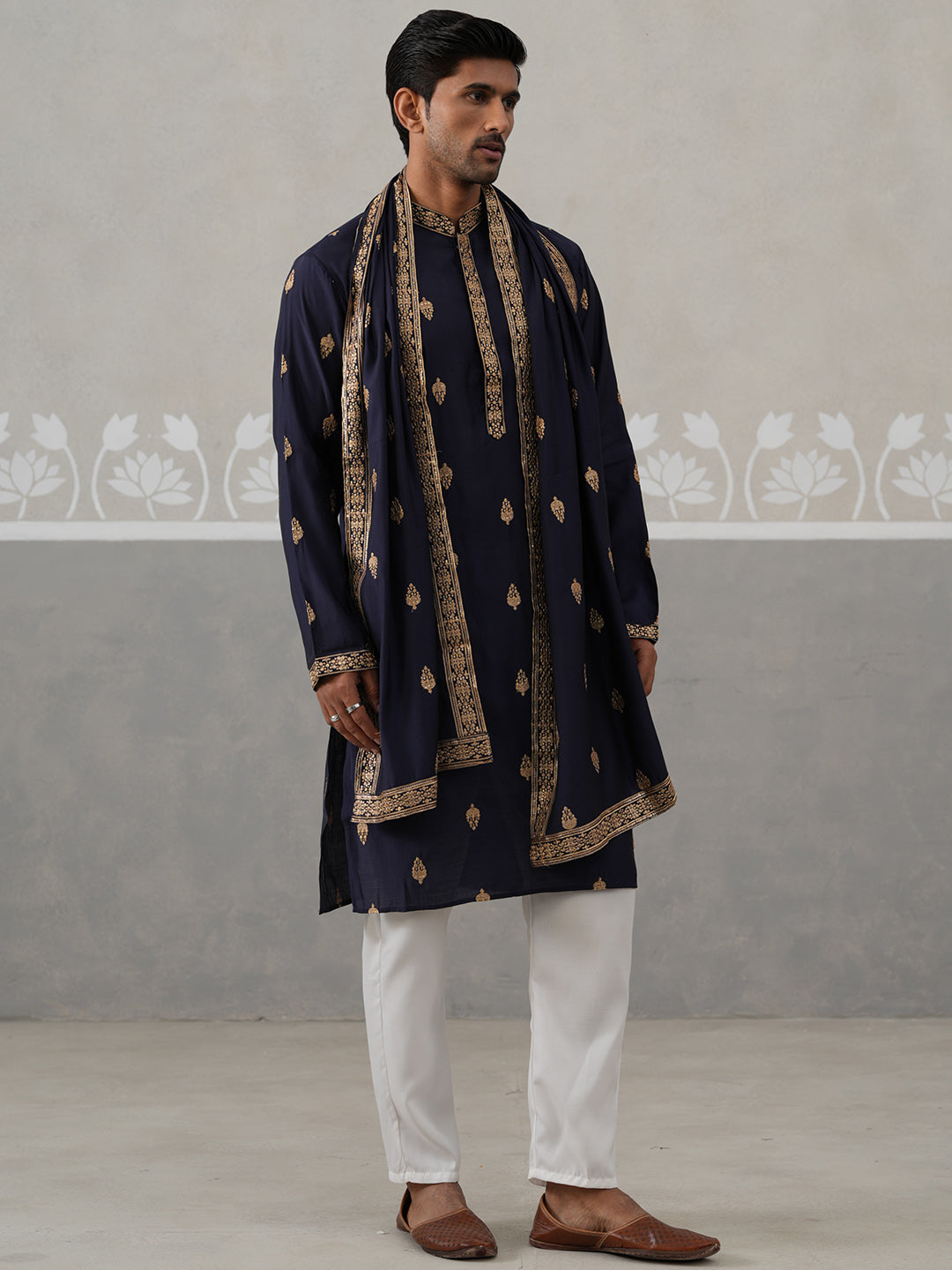 Silk Blend Embroidered Kurta Pyjama Set ( JOKP P D 5319 P D 5319Navy ) [FF] [B-3-4]