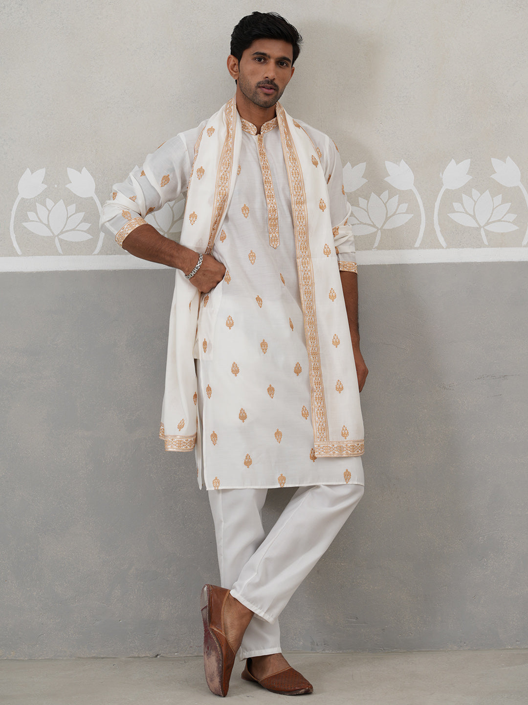 Silk Blend Embroidered Kurta Pyjama Set (JOKP P D 5319 White ) [FF] [B-3-4]