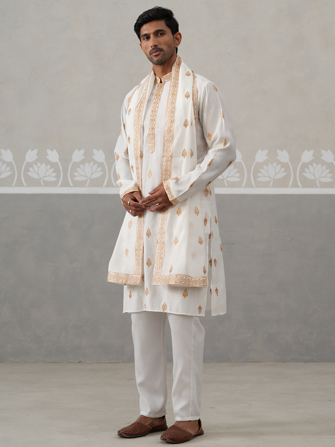 Silk Blend Embroidered Kurta Pyjama Set (JOKP P D 5319 White ) [FF] [B-3-4]